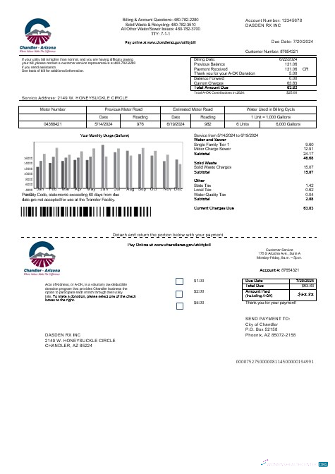 Download USA Arizona Chandler business utilities bill template in Word and PDF formats Photoshop template